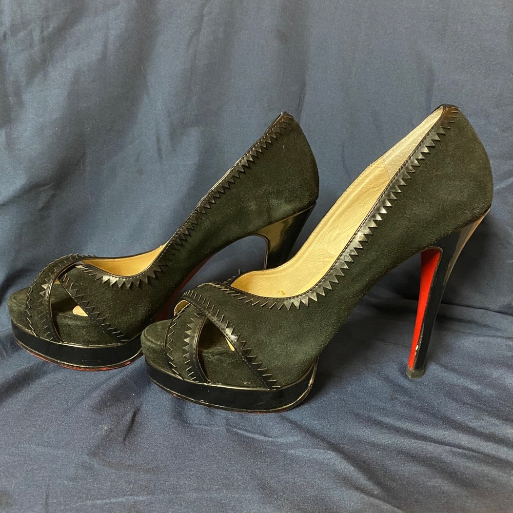 Louboutin Black Leather Suede Peep Toe Pumps 40